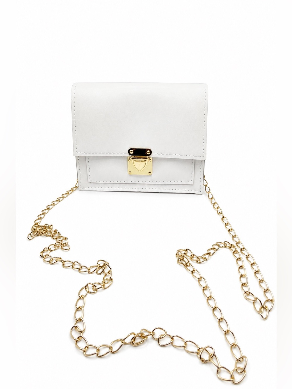 White Faux Leather Crossbody Bag Small Square Gold Chain Shoulder Purse NEW - Picture 2 of 8